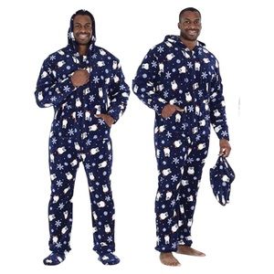 Mens Blue Fleece Hooded Footed Onesie Pajamas